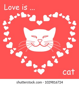 Heart composed of many hearts and cute cat. Design for banner, poster or print Valentine's Day.
