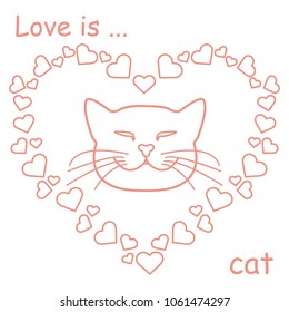 Heart composed of many hearts and cute cat. Design for banner, poster or print Valentine's Day.