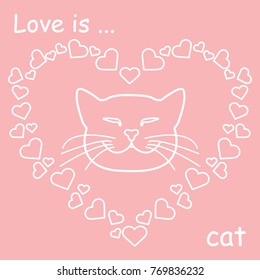Heart composed of many hearts and cute cat. Design for banner, poster or print.