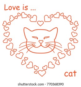 Heart composed of many hearts and cute cat. Design for banner, poster or print Valentine's Day.