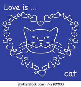 Heart composed of many hearts and cute cat. Design for banner, poster or print Valentine's Day.