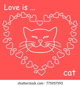 Heart composed of many hearts and cute cat. Design for banner, poster or print Valentine's Day.