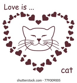 Heart composed of many hearts and cute cat. Design for banner, poster or print Valentine's Day.