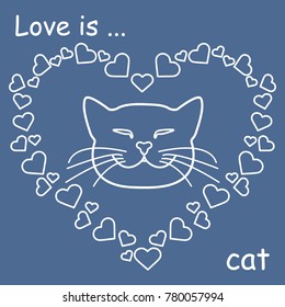 Heart composed of many hearts and cute cat. Design for banner, poster or print Valentine's Day.