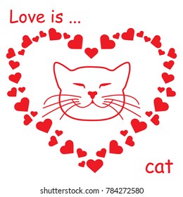 Heart composed of many hearts and cute cat. Design for banner, poster or print Valentine's Day.