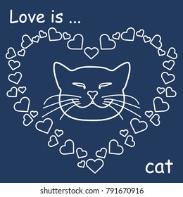 Heart composed of many hearts and cute cat. Design for banner, poster or print Valentine's Day.