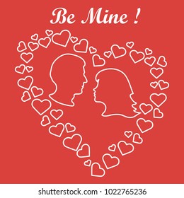 Heart composed of many hearts inside silhouettes of the heads of men and women and the words: Be Mine. Design for banner, poster or print Valentine's day.