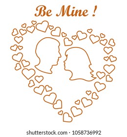 Heart composed of many hearts inside silhouettes of the heads of men and women and the words: Be Mine. Design for banner, poster or print Valentine's day.