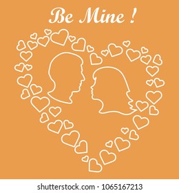 Heart composed of many hearts inside silhouettes of the heads of men and women and the words: Be Mine. Design for banner, poster or print Valentine's day.