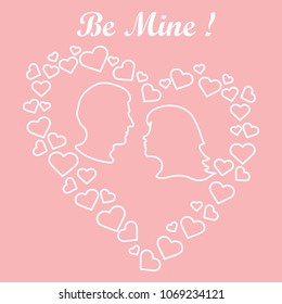 Heart composed of many hearts inside silhouettes of the heads of men and women and the words: Be Mine. Design for banner, poster or print Valentine's day.