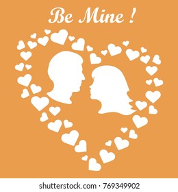 Heart composed of many hearts inside silhouettes of the heads of men and women and the words: Be Mine. Design for banner, poster or print.