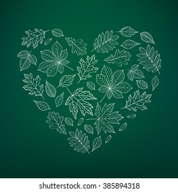 Heart composed of white autumn line art leaves on dark green background. Sketch, doodles, hand drawn floral  elements for your design. Vector illustration.