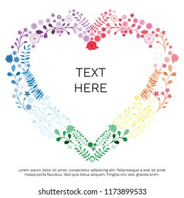 Heart composite from multi colored flowers on white background and inscription “Your text here”. It can be used for greeting card, print on clothes, holiday invitation to the feast, banner, poster. 