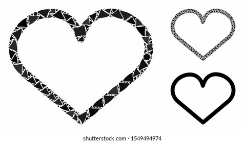 Heart composition of raggy parts in variable sizes and color tints, based on heart icon. Vector unequal items are grouped into collage. Heart icons collage with dotted pattern.