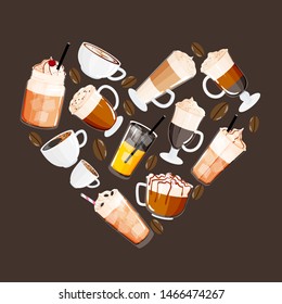 Heart concept with different coffee types (iced, cappuccino, espresso, latte, mocha, cocoa). Template design for print, poster