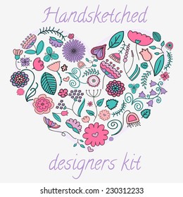 Heart concept with different doodle flowers and plants. Hand sketched designer's kit can be used for wallpaper, pattern fills, web page background, surface textures. Gorgeous floral elements