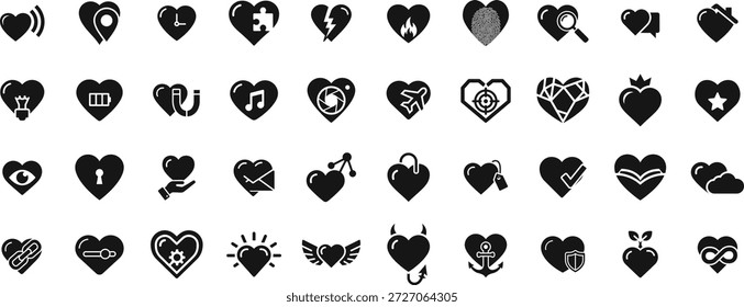 Heart concept icon set featuring love symbols combined with diverse elements like lock, wings, puzzle, and technology for dating app interfaces