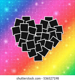 Heart concept made with empty photos on shining rainbow background. Memories, card, love template design. Vector illustration