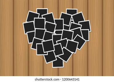 Heart concept made with photo frames on brown wooden texture. Memories, card, love template design. Vector illustration