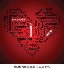 Heart concept made with words on red