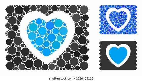 Heart condom pack composition for heart condom pack icon of small circles in various sizes and color hues. Vector small circles are united into blue mosaic.