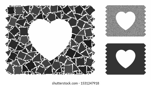 Heart condom pack composition of raggy parts in different sizes and shades, based on heart condom pack icon. Vector raggy parts are organized into collage.