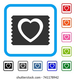 Heart Condom Pack icon. Flat grey pictogram symbol in a light blue rounded squared frame. Black, gray, green, blue, red, orange color variants of Heart Condom Pack vector.