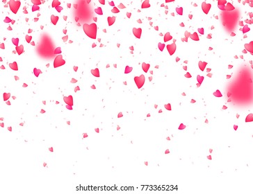 Heart confetti background. Falling from above pink love particles. Blurred petal. Valentine, women, mother day concept. Vector illustration