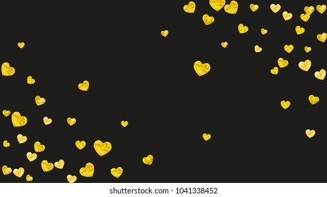 Heart confetti background with gold glitter. Valentines day. Vector frame. Hand drawn texture. Love theme for party invite, retail offer and ad. Wedding and bridal template with heart confetti.