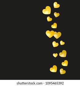 Heart confetti background with gold glitter. Valentines day. Vector frame. Hand drawn texture. Love theme for party invite, retail offer and ad. Wedding and bridal template with heart confetti.