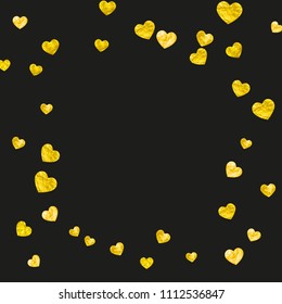 Heart confetti background with gold glitter. Valentines day. Vector frame. Hand drawn texture. Love theme for gift coupons, vouchers, ads, events. Wedding and bridal template with heart confetti.