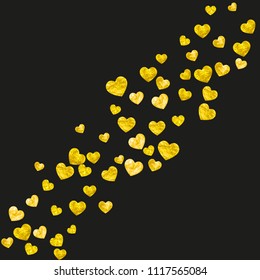 Heart confetti background with gold glitter. Valentines day. Vector frame. Hand drawn texture. Love theme for party invite, retail offer and ad. Wedding and bridal template with heart confetti.