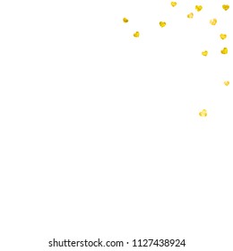 Heart confetti background with gold glitter. Valentines day. Vector frame. Hand drawn texture. Love theme for poster, gift certificate, banner. Wedding and bridal template with heart confetti.