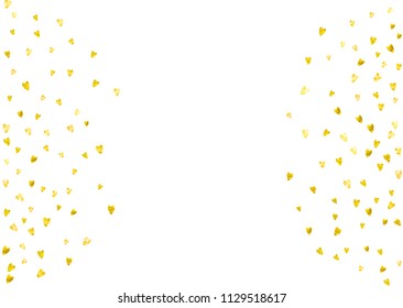 Heart confetti background with gold glitter. Valentines day. Vector frame. Hand drawn texture. Love theme for voucher, special business banner. Wedding and bridal template with heart confetti.