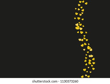 Heart confetti background with gold glitter. Valentines day. Vector frame. Hand drawn texture. Love theme for voucher, special business banner. Wedding and bridal template with heart confetti.