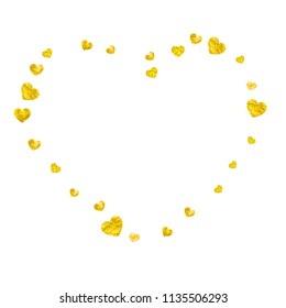 Heart confetti background with gold glitter. Valentines day. Vector frame. Hand drawn texture. Love theme for flyer, special business offer, promo. Wedding and bridal template with heart confetti.
