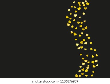 Heart confetti background with gold glitter. Valentines day. Vector frame. Hand drawn texture. Love theme for voucher, special business banner. Wedding and bridal template with heart confetti.