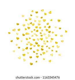 Heart confetti background with gold glitter. Valentines day. Vector frame. Hand drawn texture. Love theme for voucher, special business banner. Wedding and bridal template with heart confetti.