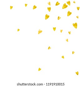 Heart confetti background with gold glitter. Valentines day. Vector frame. Hand drawn texture. Love theme for voucher, special business banner. Wedding and bridal template with heart confetti.