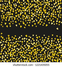 Heart confetti background with gold glitter. Valentines day. Vector frame. Hand drawn texture. Love theme for gift coupons, vouchers, ads, events. Wedding and bridal template with heart confetti.