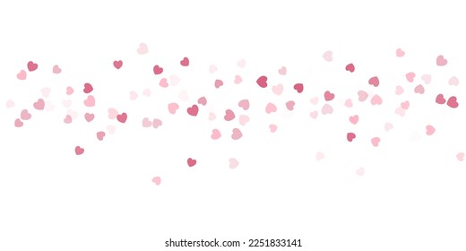 Heart Confetti Background, Love glitter for Valentine's day, Red, pink and rose hearts flying, frame or border for 14 February isolated on white, vector illustration