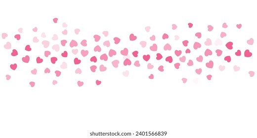 Heart Confetti Background, Love glitter for Valentine's day, Red and pink hearts flying, border for 14 February isolated on white, vector illustration