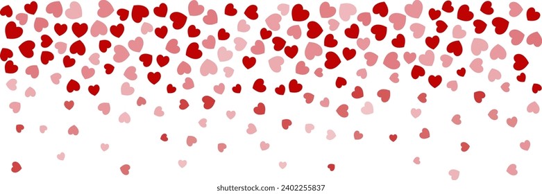 Heart Confetti Background, Love glitter for Valentine's day, Red and pink hearts flying, border for 14 February isolated on white, vector illustration