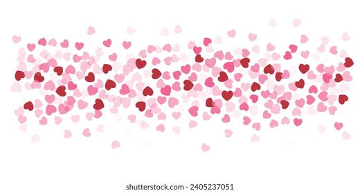 Heart Confetti Background, Love glitter for Valentine's day, Red, pink and rose hearts flying, frame or border for 14 February isolated on white, vector illustration