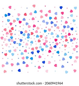 Heart Confetti Background, Love symbol for Valentine's day, blue pink and rose hearts flying, frame or border for 14 February isolated on white, vector illustration