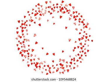 Heart confetti background with pink glitter. Valentines day. Vector frame. Hand drawn texture. Love theme for poster, gift certificate, banner. Wedding and bridal template with heart confetti.