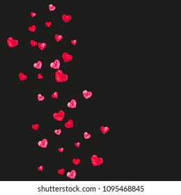 Heart confetti background with pink glitter. Valentines day. Vector frame. Hand drawn texture. Love theme for flyer, special business offer, promo. Wedding and bridal template with heart confetti.