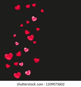 Heart confetti background with pink glitter. Valentines day. Vector frame. Hand drawn texture. Love theme for party invite, retail offer and ad. Wedding and bridal template with heart confetti.