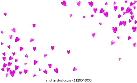 Heart confetti background with pink glitter. Valentines day. Vector frame. Hand drawn texture. Love theme for party invite, retail offer and ad. Wedding and bridal template with heart confetti.