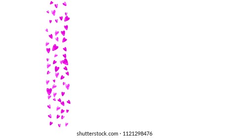 Heart confetti background with pink glitter. Valentines day. Vector frame. Hand drawn texture. Love theme for voucher, special business banner. Wedding and bridal template with heart confetti.